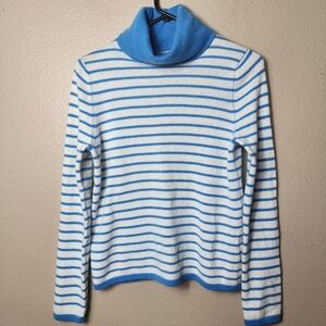 CJ Laing Palm Beach Blue Ivory Stripe 100% Cashmere Turtleneck Sweater-Size S